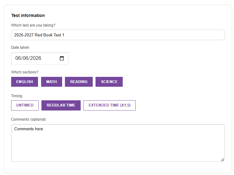 Select your test and sections